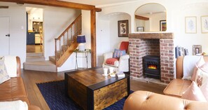 TV, fireplace, books