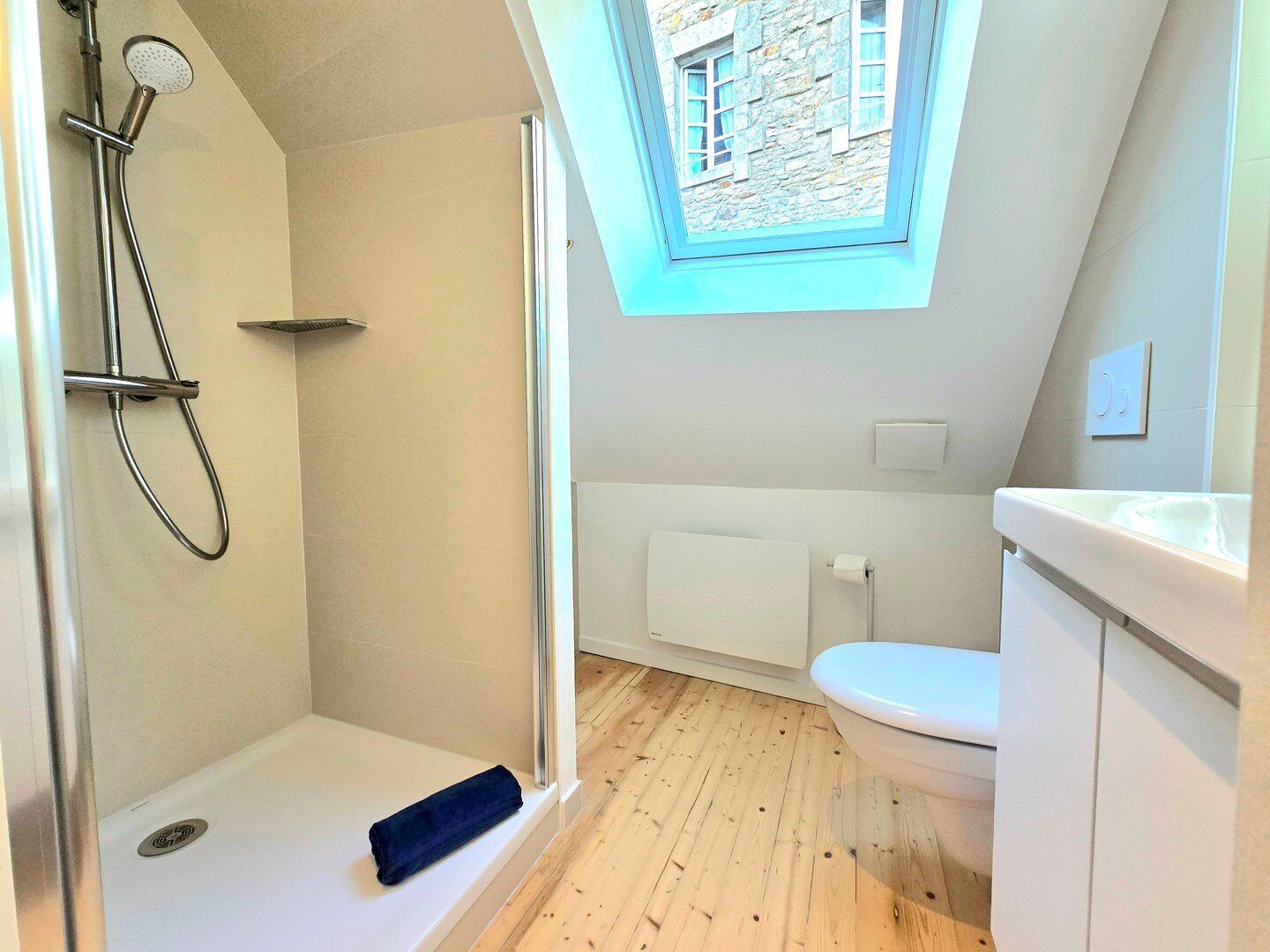 A modern bathroom with a shower, toilet, and skylight.