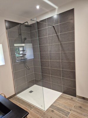 Dusche, Haartrockner, Handtücher, Toilettenpapier