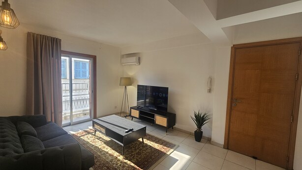 A living room with a sofa, coffee table, TV, and a potted plant. - 106 NIC - Stay Kallisto Old Town Apartment (Nicosia)