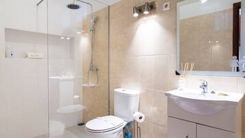 Shower, hair dryer, towels