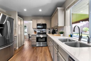 Fridge, microwave, oven, dishwasher