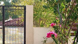 Un perro descansando en una zona verdejante cerca de una verja, con flores rosadas y follaje al fondo.
