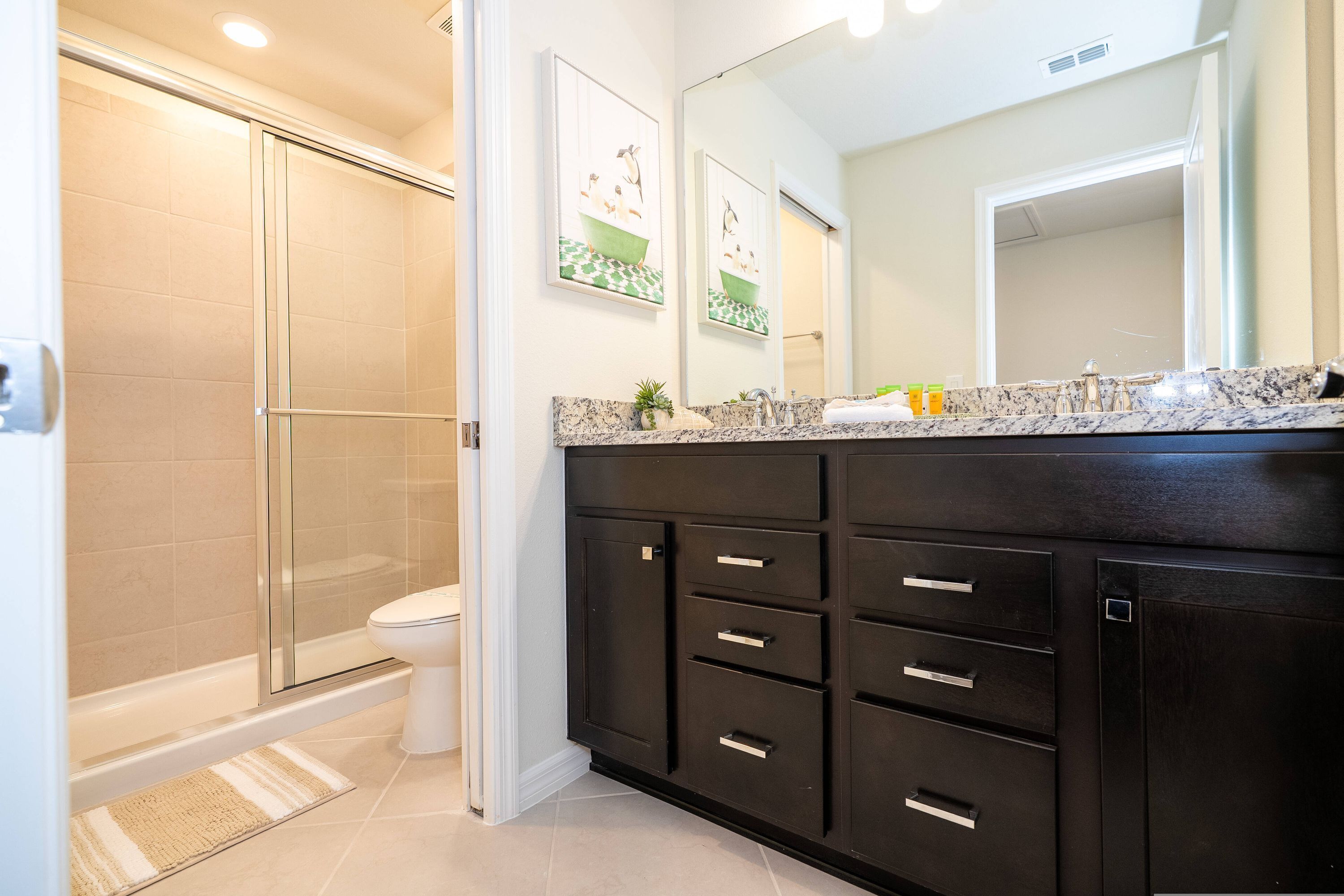 A modern bathroom with a glass shower enclosure, a white toilet, and a dark wooden vanity with multiple drawers.