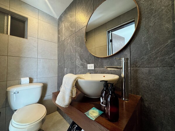 A modern bathroom with a white toilet, a large oval sink, and a mirror above it. - Casa Petri Hotel (Ensenada)