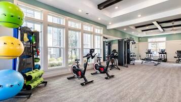 A spacious gym with cardio equipment, weight machines, and exercise balls.