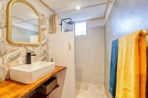 Hair dryer, towels, soap, shampoo