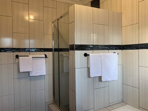 Shower, towels, soap, toilet paper