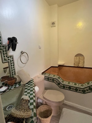 Hair dryer, towels, soap, toilet paper