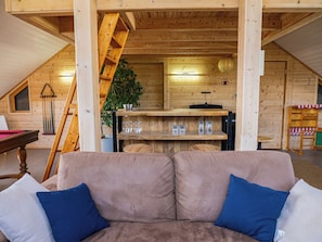 Smart TV, fireplace, foosball, table tennis