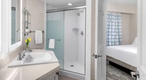 Shower, jetted tub, hair dryer, towels