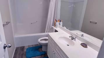 Hair dryer, towels, soap, toilet paper
