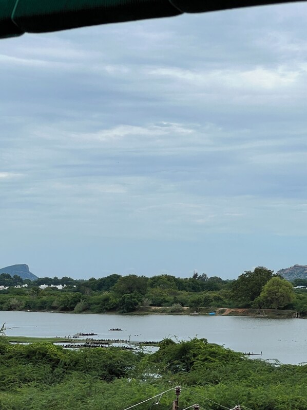 A view of a lake with surrounding greenery and distant hills.