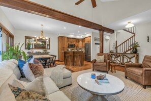Smart TV, fireplace, books