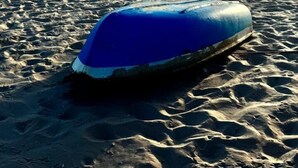 A beach with a blue-covered object, a chair, and palm trees in the background. - Canto das Praieiras (Entre Rios)