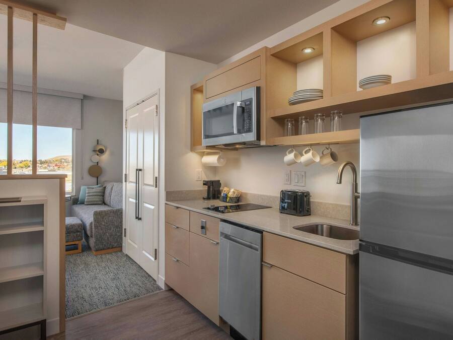 A modern kitchen with a built-in microwave, stainless steel appliances, and a view to the outside.