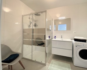Shower, hair dryer, towels, soap