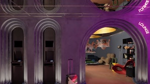 A purple archway labeled "Lounge" leading to a room with a mural, a red chair, and a black suitcase. - Moxy London Piccadilly Circus (London)