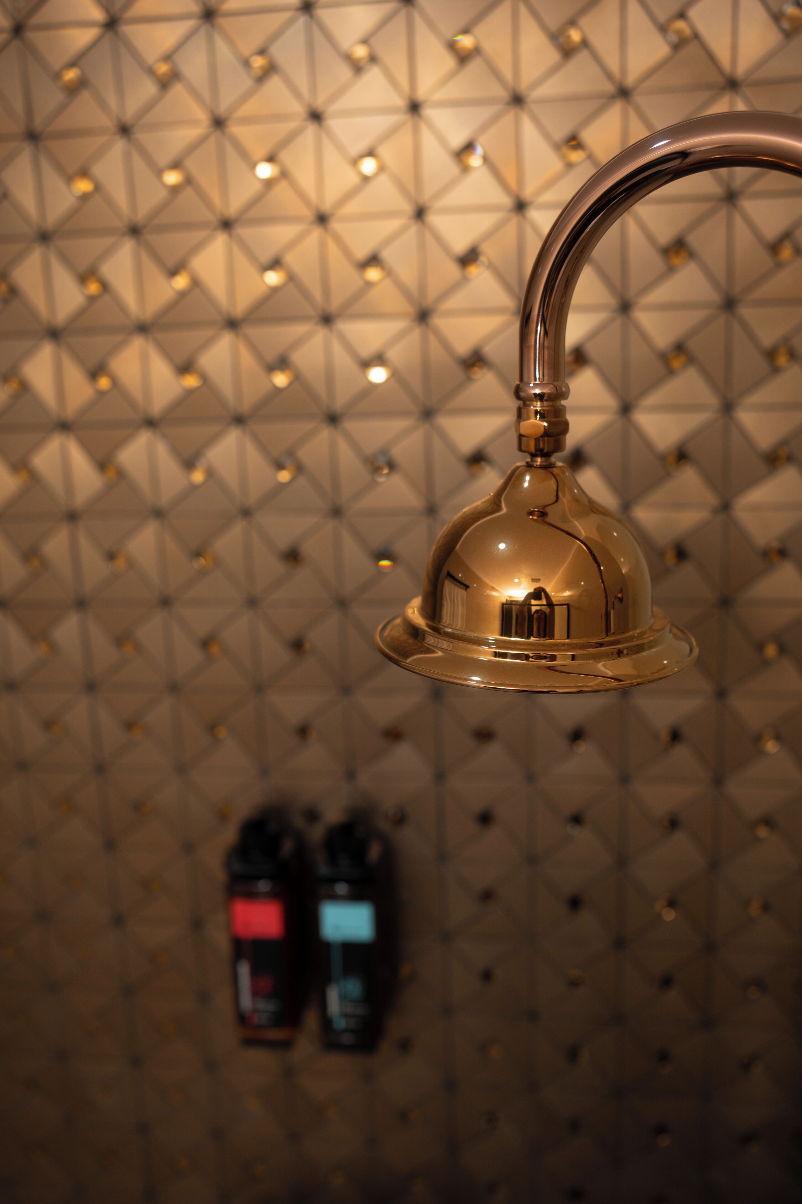A shower with a curved, metallic fixture and a textured wall.