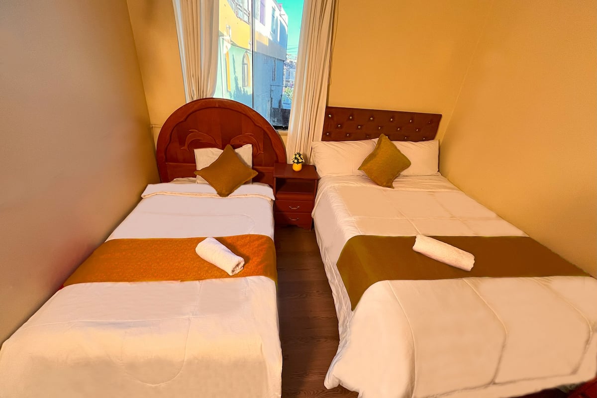 Two single beds with wooden headboards, white bedding, and brown throw blankets.