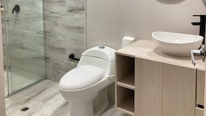 A modern bathroom with a glass shower enclosure, a toilet, a sink with a mirror, and a vanity cabinet.