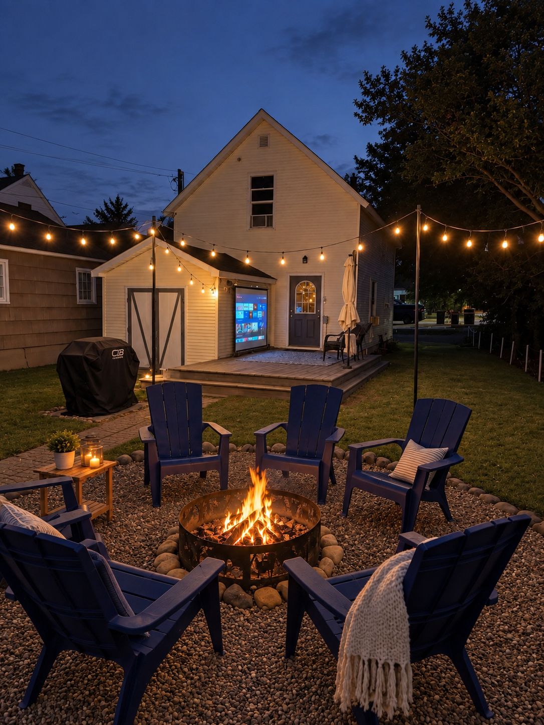 A backyard with a fire pit, outdoor seating, and string lights.