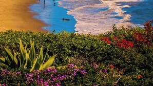 A beach with clear blue water, a sandy shore, and a mountain in the background. - Montecito Casita Pequena! (Montecito)