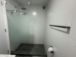 A bathroom with a glass shower enclosure, a towel rack, and a toilet paper holder.