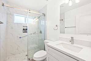 Hair dryer, towels, soap, toilet paper