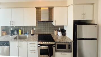 Deluxe Apartment, 1 Bedroom, City View | Private kitchen | Full-size fridge, microwave, oven, stovetop