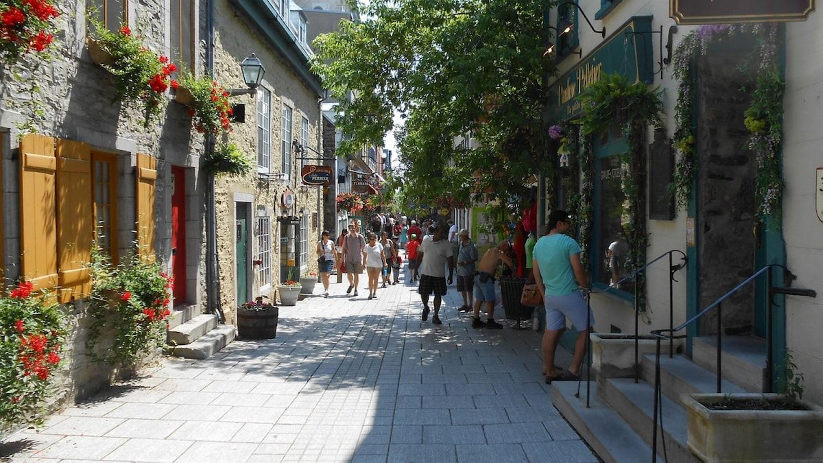A narrow street lined with buildings, some with flower boxes and greenery.