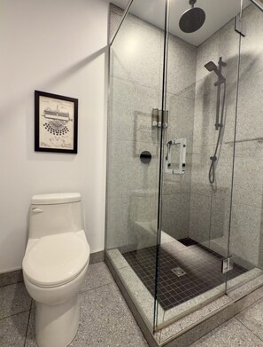 A modern bathroom with a glass-enclosed shower, a toilet, and a framed historical document on the wall. - Elegant Loft in Downtown Québec City (Québec City)