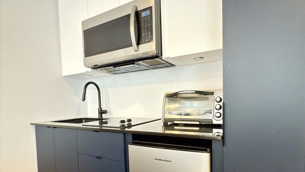 A compact kitchen with a microwave, toaster, and dishwasher. - Elegant Loft in Downtown Québec City (Québec City)