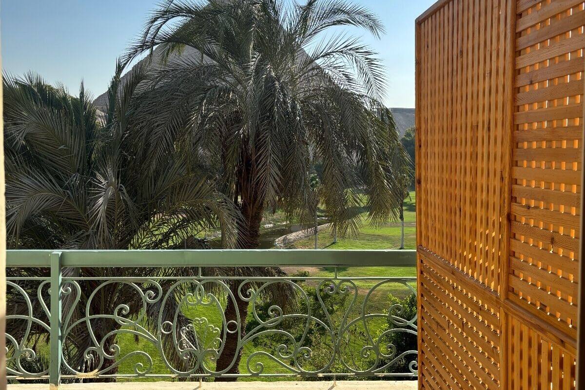 Un balcón con vista a una palmera y una valla de madera.