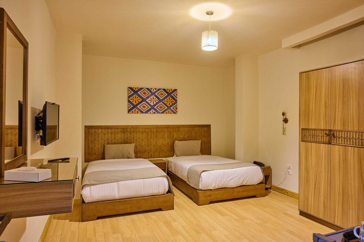 Una habitación de hotel con dos camas, un armario de madera, un espejo, una mesita de noche, un televisor y un elemento decorativo en la pared.