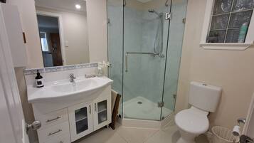 Shower, hair dryer, soap, toilet paper