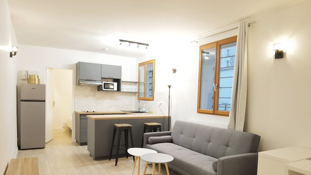 Ein kompakter Wohnbereich mit Küchenzeile, grauem Sofa und einem kleinen Esstisch.