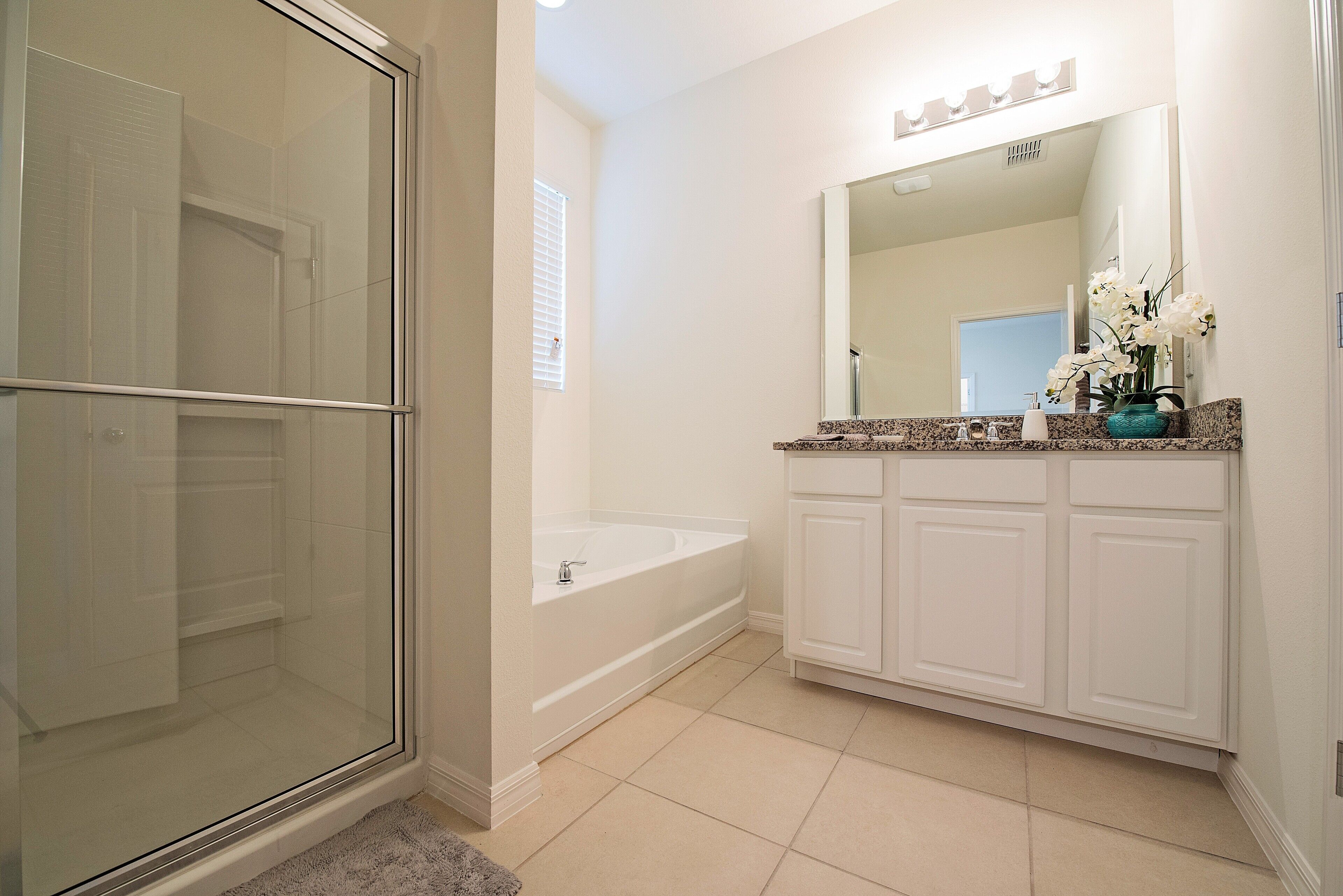 A bathroom with a glass shower enclosure, a white bathtub, and a vanity with a large mirror and a teal vase.