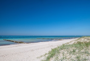 Une plage à l’eau d’un bleu limpide, avec un rivage sablonneux et des dunes herbeuses.