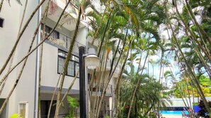 A pathway lined with palm trees and a pool area. - 3 BR Penthouse Center Cabarete (Cabarete)