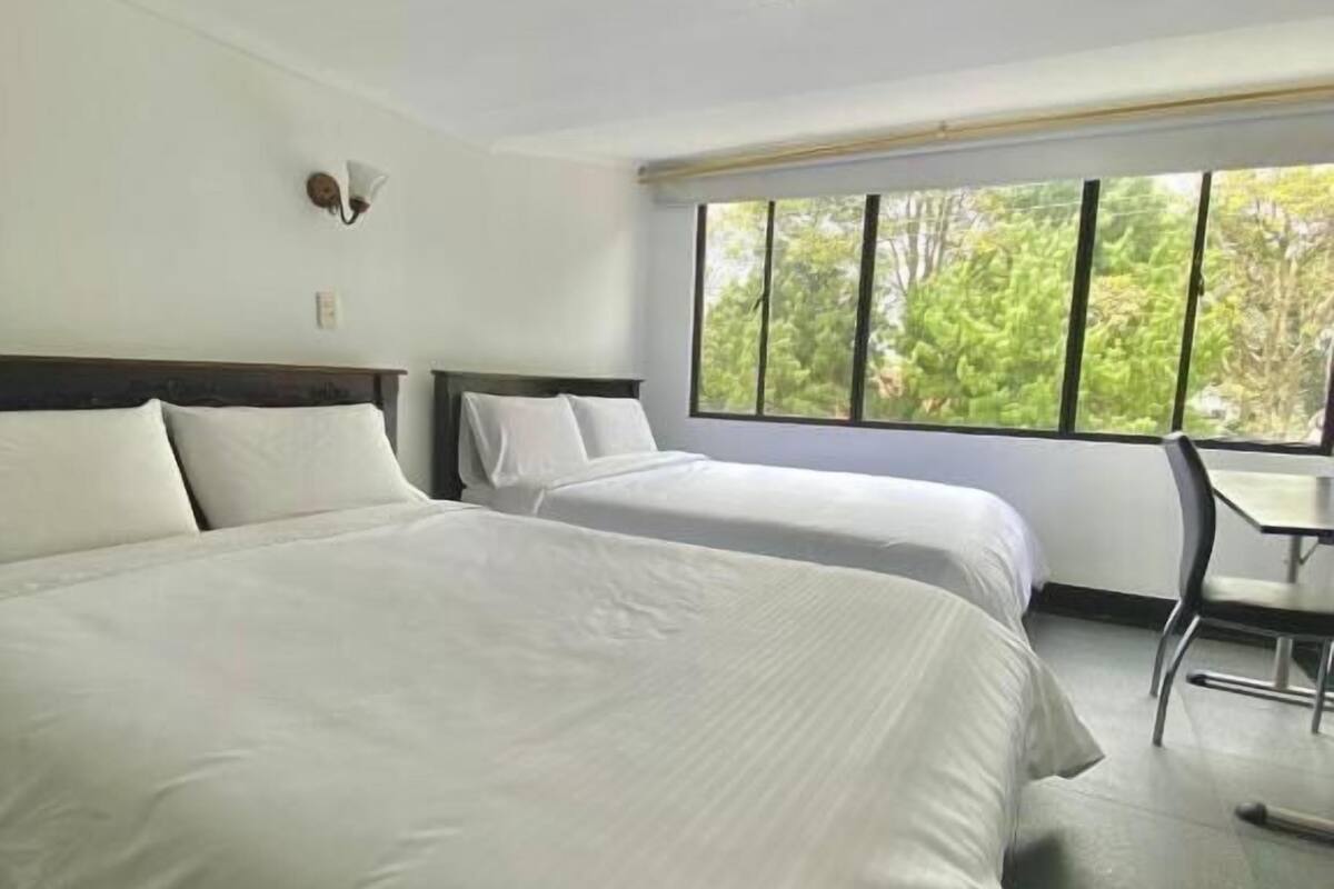 Ein Hotelzimmer mit zwei Betten, einem Fenster mit Blick auf Bäume, einem kleinen Tisch und einer Wandleuchte.