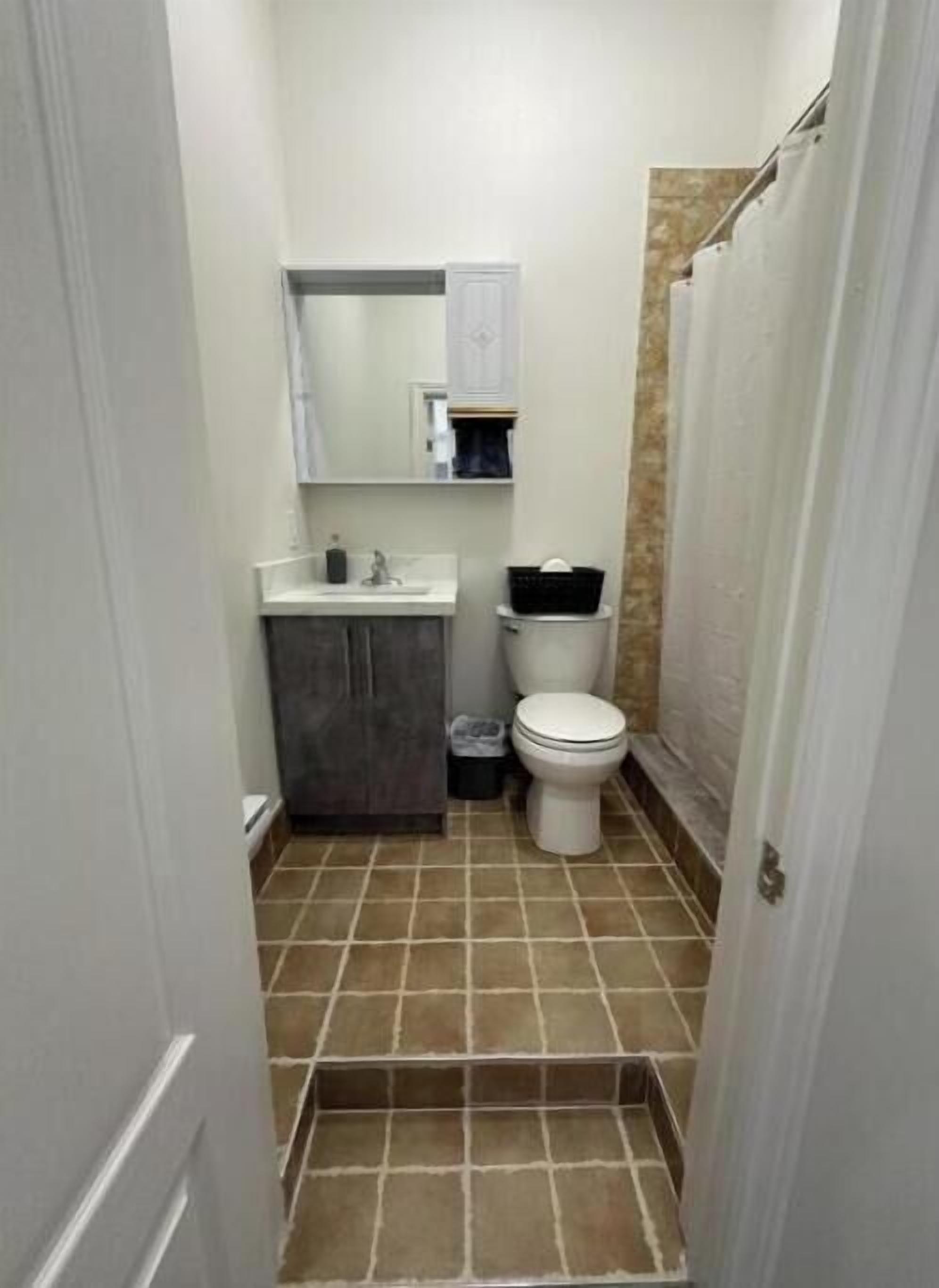 A narrow bathroom with a toilet, sink, and mirror.