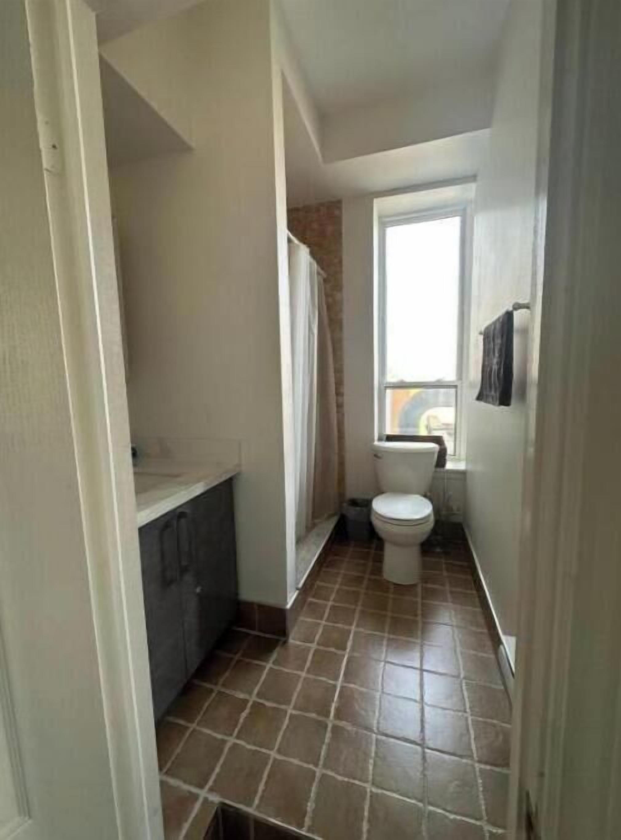 A small bathroom with a toilet, a sink, and a shower.