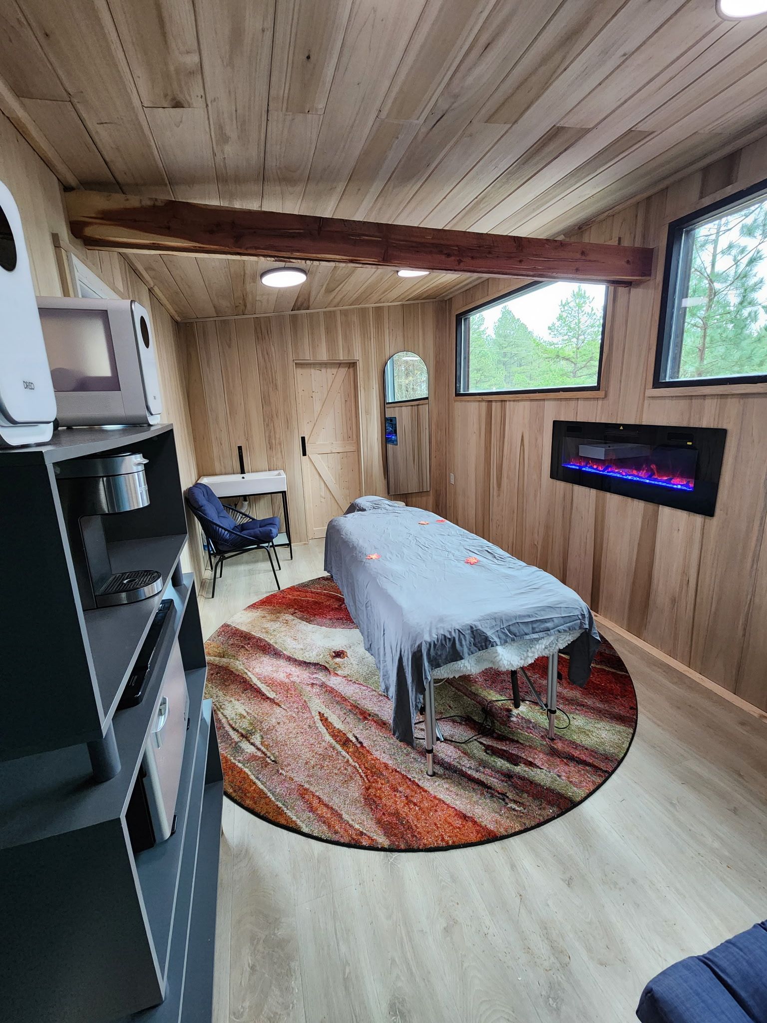Una habitación con cama, escritorio, silla, televisor y chimenea.