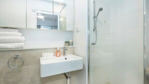 Shower, hair dryer, towels
