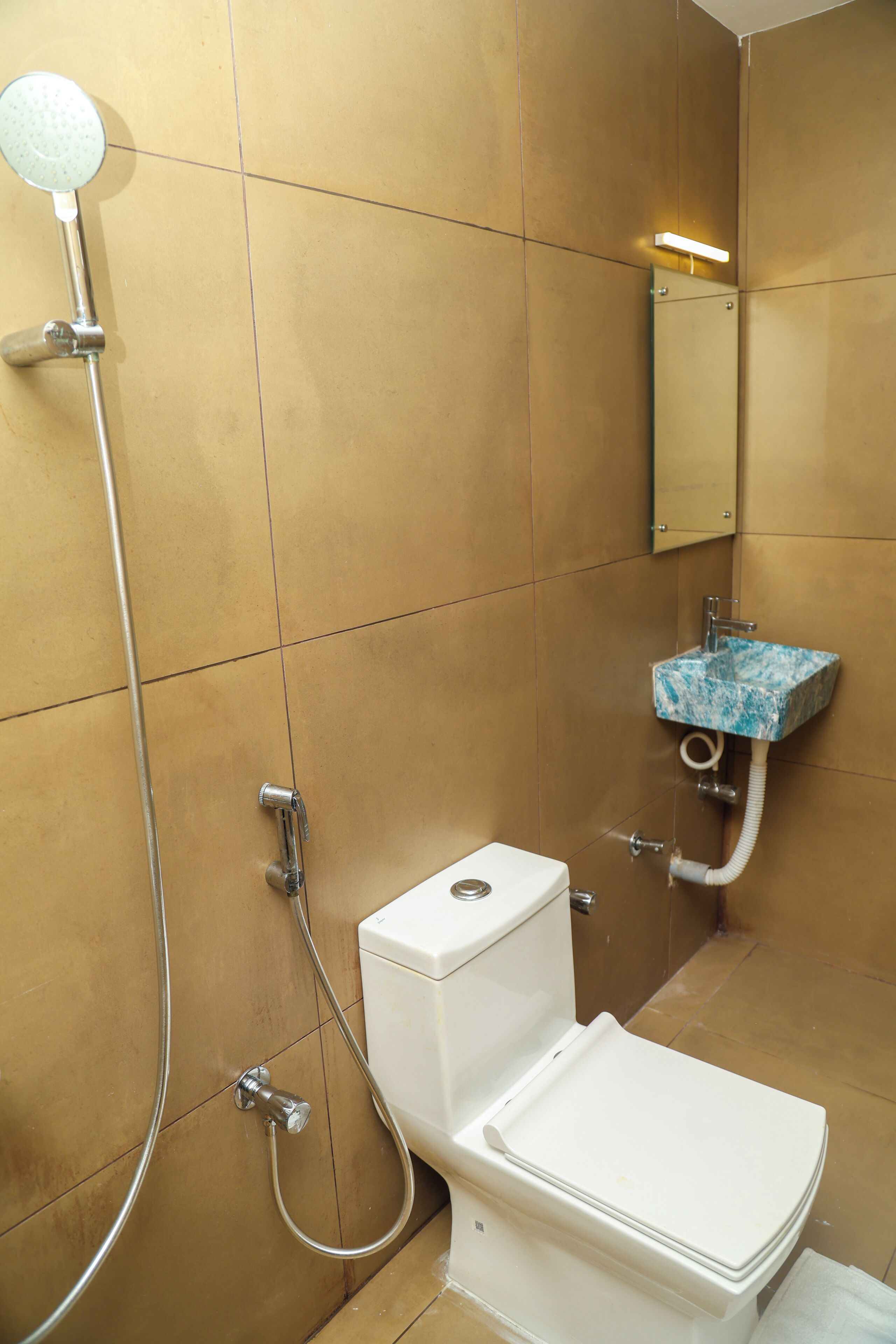A bathroom with a white toilet, a shower with a handheld showerhead, and a marble sink.