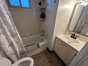 Hair dryer, towels, soap, shampoo
