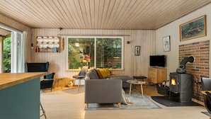 A cozy living room with a large window, a fireplace, and a television.