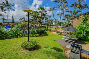 Terrace/patio - Oceanfront condo with pool, hot tub, sauna, tennis, BBQ, putting green, & lanai (Kapaa)