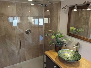 Shower, towels, soap, toilet paper
